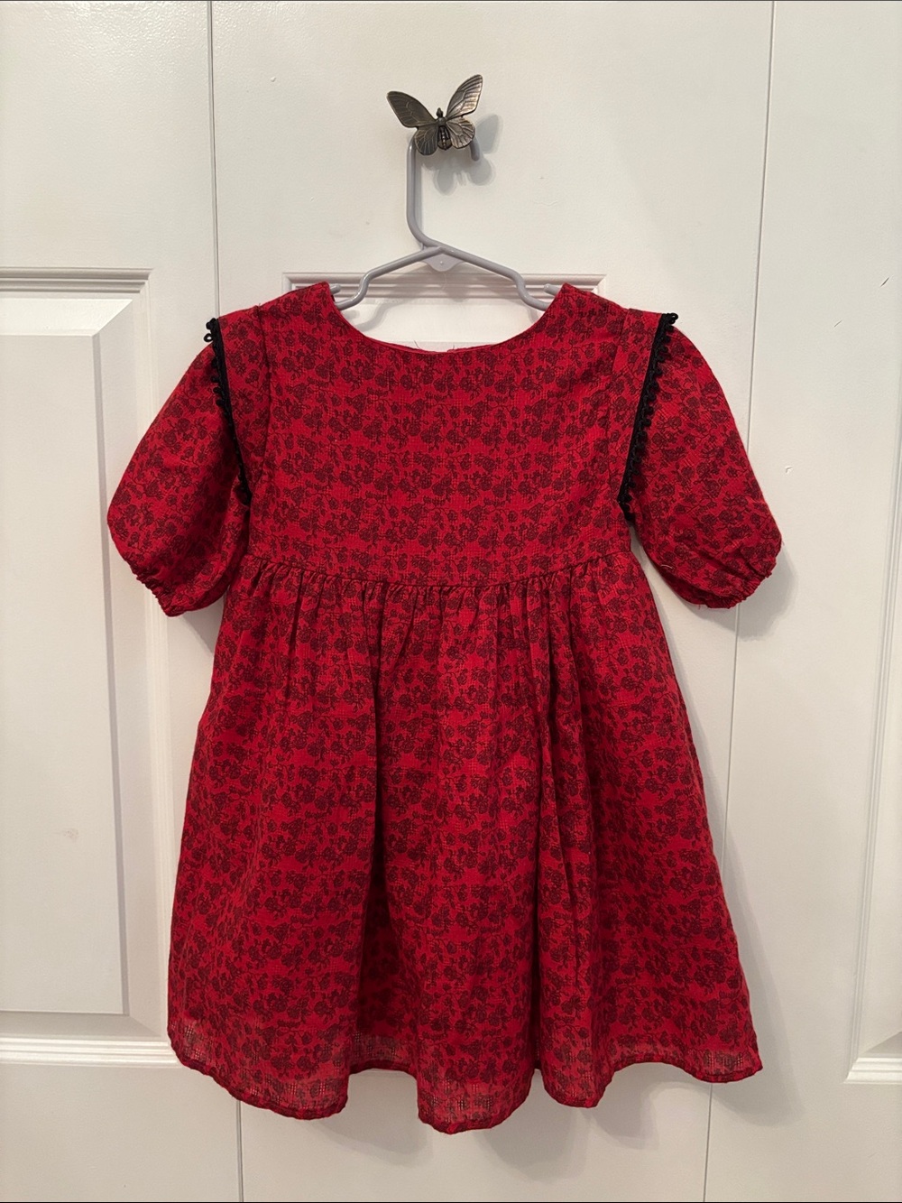 Pippa & Julie Red Floral Puff-Sleeve Dress with Black Trim